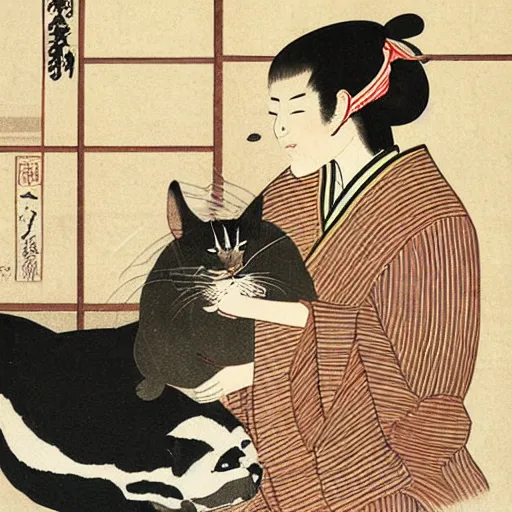 Image similar to angry handsome japanese butcher slices up parsley with a tabby cat sitting next to him, vintage, painting by utamaro