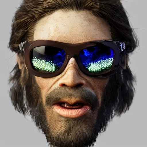 Prompt: realistic photo portrait of a prehistoric man wearing sunglasses, volumetric lights, trending on artstation, studio photo, intricate details, highly detailed