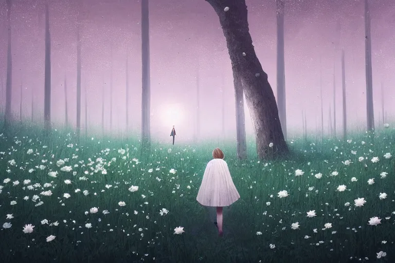 Image similar to giant white daisy flower head, girl walking in dark forest, surreal photography, dark night, stars, moon light, impressionist painting, clouds, digital painting, artstation, simon stalenhag