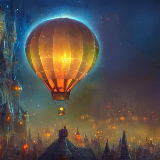 Image similar to a beautiful stunning fantasy whimsical matte digital illustration of a scene of a hot - air balloon powered by magic over a lit city at night by marc simonetti, pastel color palette, disney magic the gathering steampunk, chiaroscuro magical bokeh moon stars dramatic romantic epic breathtaking, trending on artstation hq, masterpiece