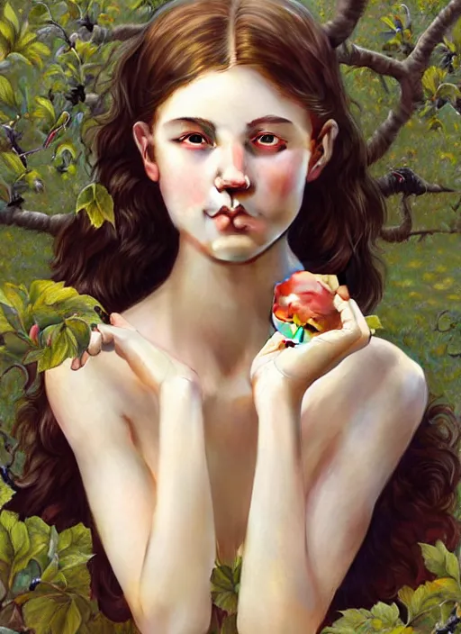 Image similar to symmetry!! portrait of young woman cursed with ever - increasing intelligence beauty and virtue, slice - of - life, realism, in apple orchard!! intricate, elegant, highly detailed, digital painting, artstation, concept art, smooth, sharp focus, illustration, art by artgerm and greg rutkowski and alphonse mucha