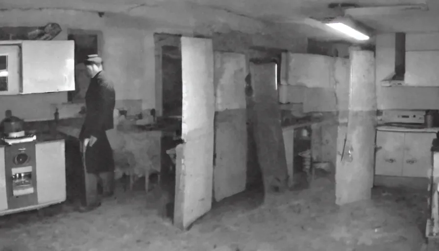 Image similar to a headless man in a stalinist style kitchen, by mini dv camera, very very low quality, heavy grain, very blurry, accidental flash, webcam footage, found footage, security cam, caught on trail cam