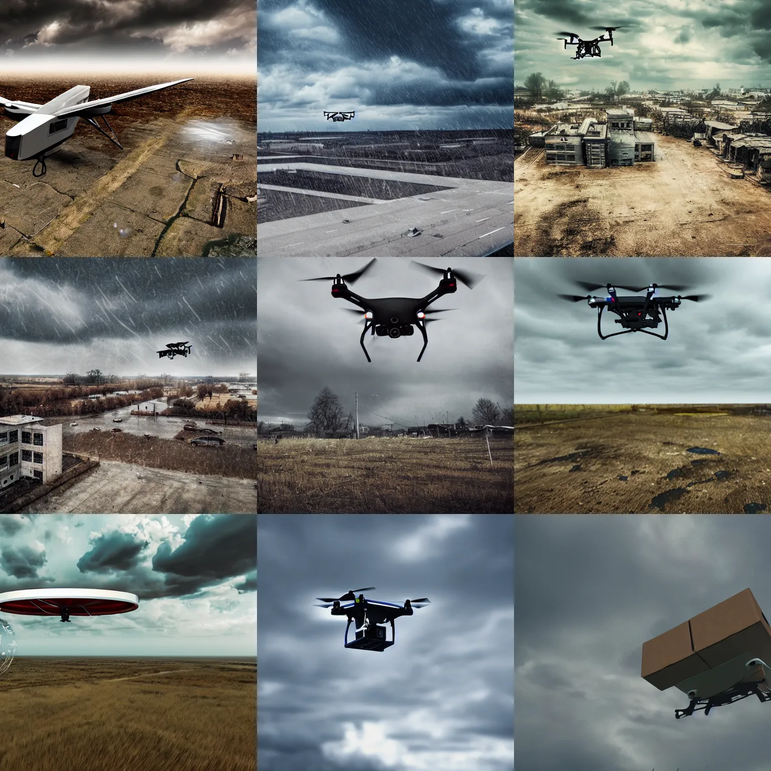 Prompt: flying post drone with copter engines, delivering parsel box, in forcasted sky, raining, machine, post apocalyptic scene, no background