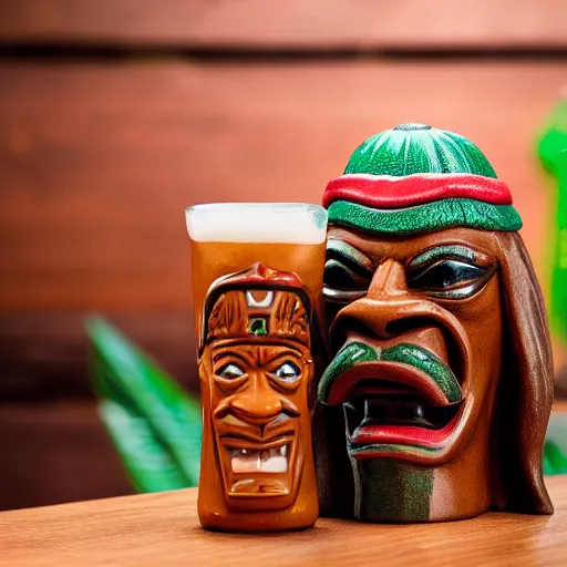 Image similar to a photorealistic photograph of a Trader Vic's tiki mug featuring Snoop Dogg at a Tiki bar - Trending on Artstation, featured on Behance, well-rendered, Unreal Engine, 4K HD