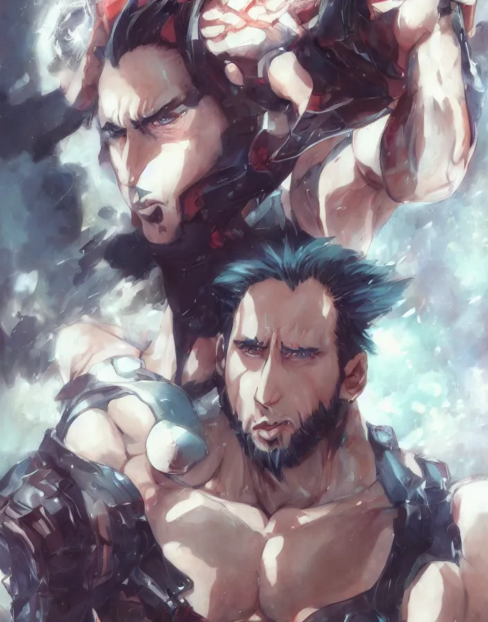 Image similar to anime portrait of nicolas cage as a muscular anime boy by Stanley Artgerm Lau, WLOP, Rossdraws, James Jean, Andrei Riabovitchev, Marc Simonetti, and Sakimichan, trending on artstation