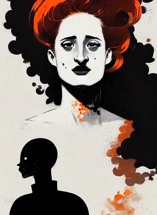 Image similar to highly detailed closeup portrait of beautiful grace gummer as dom dipierro, wavy ginger hair, black dress, by atey ghailan, by greg rutkowski, by greg tocchini, by james gilleard, by joe fenton, by kaethe butcher, gradient orange, black and white color scheme, grunge aesthetic!!! ( ( graffiti tag wall background ) )