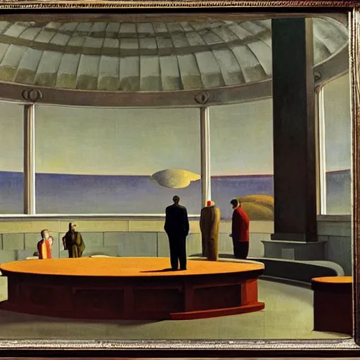 Image similar to scientists inspecting a giant creature in a dome - shaped control center, grant wood, pj crook, edward hopper, oil on canvas