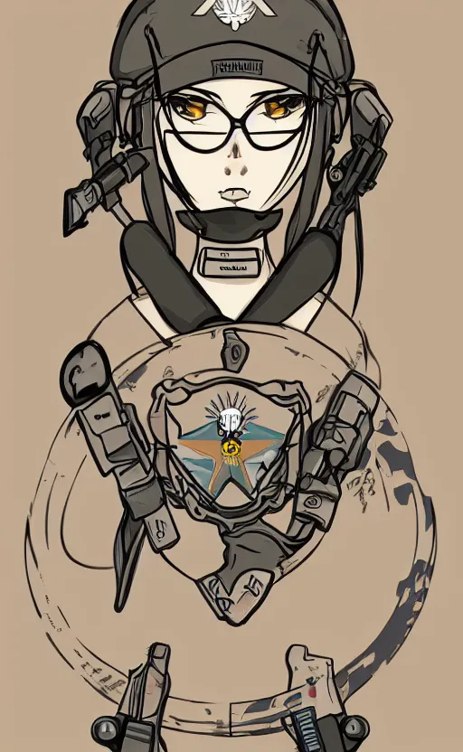 Prompt: patch design, soldier girl, 2022 anime style, clean logo, tattoo graphics, flight squadron insignia, soldier clothing, realistic military gear, inspired by shirt designer, draw with wacom tablet, round elements, vector line art, by shibafu, trending on pixiv, symbology, realistic human anatomy, high resolution, matte, empty hands, realistic military carrier