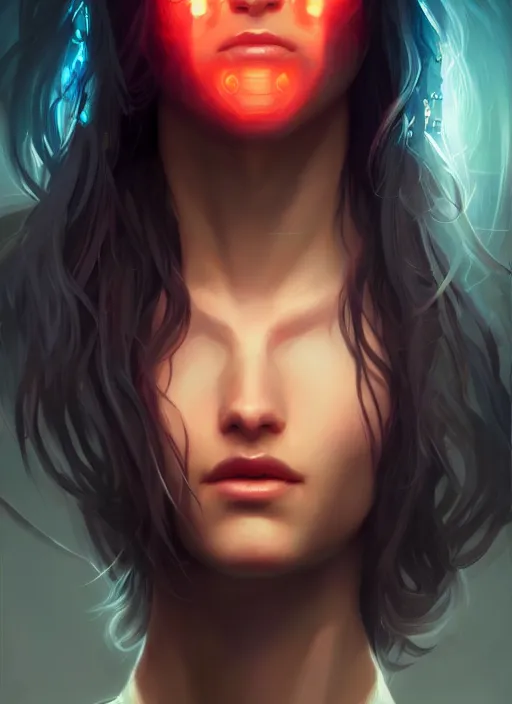 Image similar to « a portrait o cyberpunk jesus christ, glowing eyes, a digital painting by charlie bowater, featured on cgsociety, fantasy art, behance hd, wiccan, artstation hd »