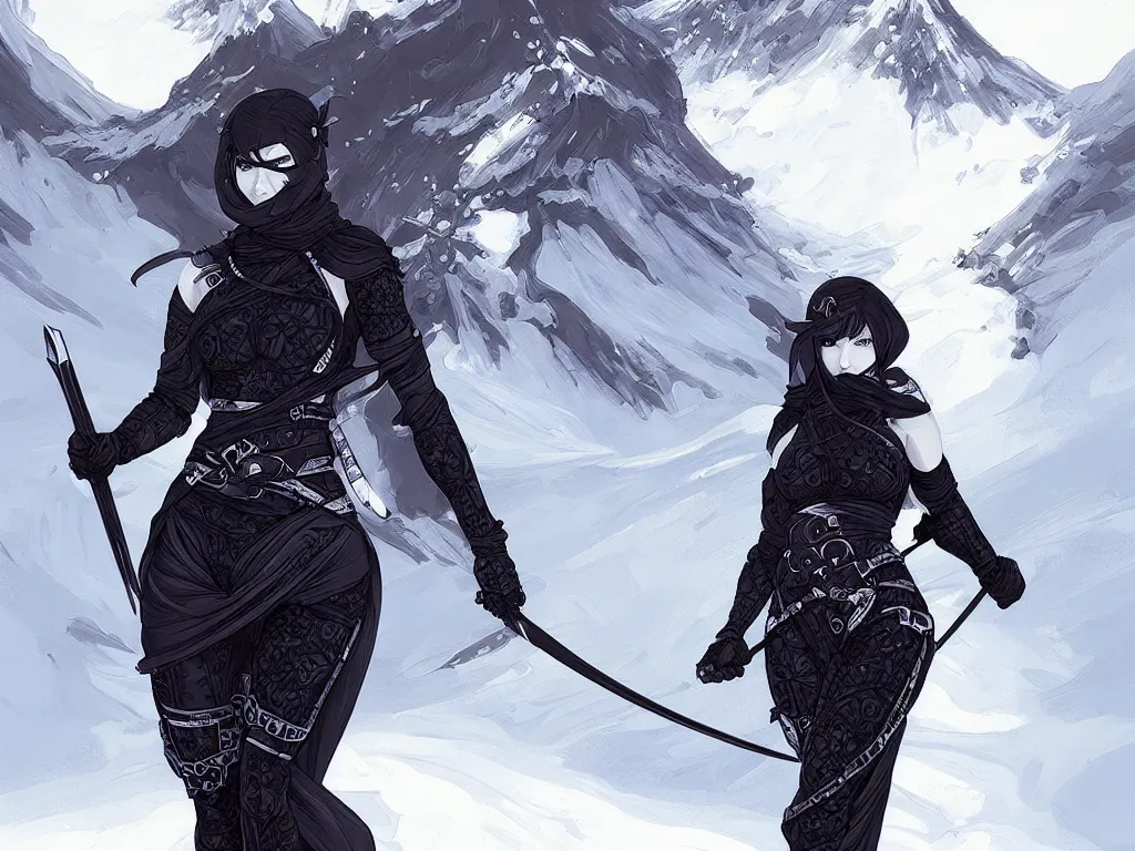 Image similar to portrait ninja gaiden girl, black plus white ninja wardrobe, at snowy fuji mountain sunrise, ssci - fi and fantasy, intricate and very very beautiful, detailed, digital painting, artstation, concept art, smooth and sharp focus, illustration, art by tian zi and wlop and alphonse mucha