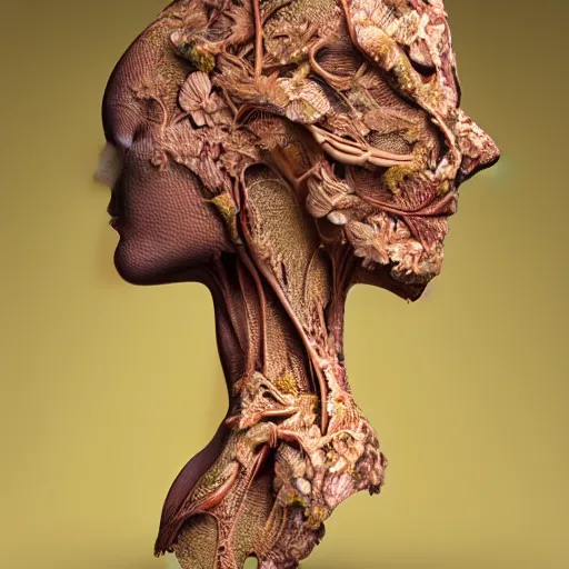 Image similar to beatifull face portrait of a woman, 150 mm, anatomical, flesh, flowers, mandelbrot fractal, facial muscles, veins, arteries, intricate, golden ratio, full frame, microscopic, elegant, highly detailed, ornate, ornament, sculpture, elegant , luxury, beautifully lit, ray trace, unreal, 3d, PBR, in the style of peter Gric , alex grey and Romero Ressendi