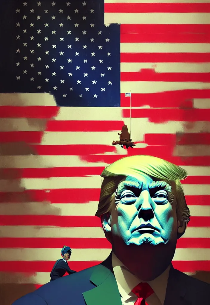 Image similar to portrait of donald trump, republicans party, united states flag behind, fantasy, by atey ghailan, by greg rutkowski, by greg tocchini, by james gilleard, by joe gb fenton, dynamic lighting, gradient light green, brown, blonde cream, salad and white colors in scheme, grunge aesthetic