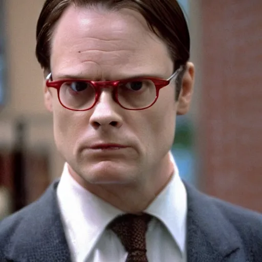 Prompt: dwight schrute as the american psycho, sweating profusely, cinematic still