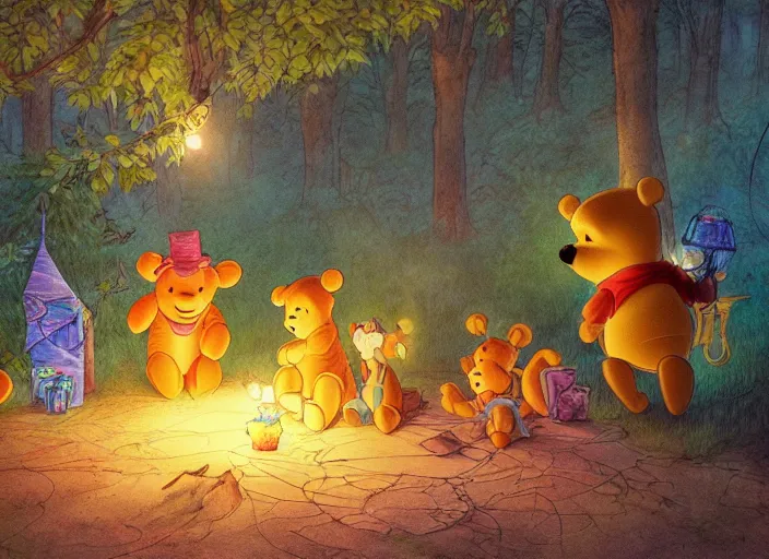 Image similar to concept art of a birthday party in the woods at night with winnie the pooh characters, paper lanterns and fairy lights, detailed, realistic, cel shaded, in the style of makoto shinkai and moebius and peter mohrbacher and james gurney