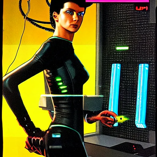 Image similar to cable plugged into cyberdeck, right temple, cyberpunk woman, computer, 1 9 7 9 omni magazine cover, style by vincent di fate, cyberpunk 2 0 2 0