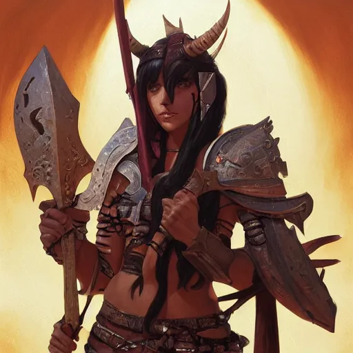 Prompt: portrait of a strong fierce female berber tiefling barbarian with devil horns and black hair holding a large scimitar and wearing a steel chestplate in a desert, fantasy, seinen, highly detailed, digital painting, pixiv, concept art, character art, art by greg rutkowski, tyler jacobson, alphonse mucha, ross tran and makoto shinkai