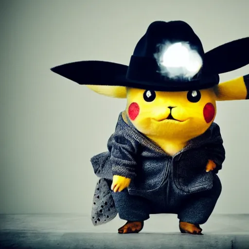 Image similar to sneezing cute detective sneezing pikachu wiping face with rag at a photoshoot studio lighting by annie leibovitz