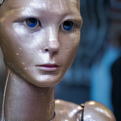 Image similar to photo of a humanoid robot in a store display hiding a dark secret, synthetic skin, highly detailed face, expressive face, cyberpunk, year 3022, medium close-up, depth of field, ISO 300, aperture f11, 1/100 obturation speed