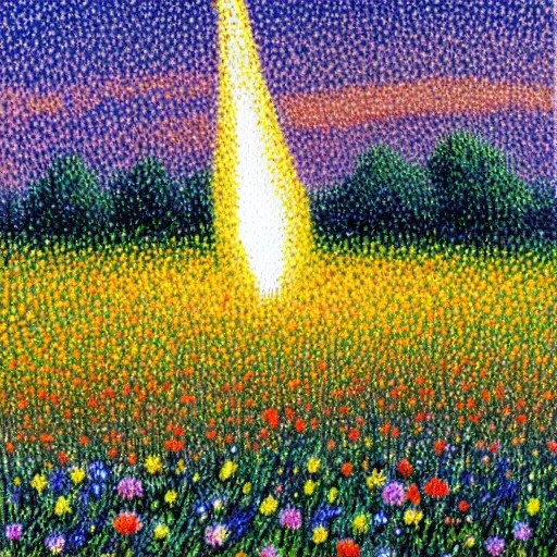 Image similar to rocket landing in a field of flowers at sunset, pointillism and impressionism painting