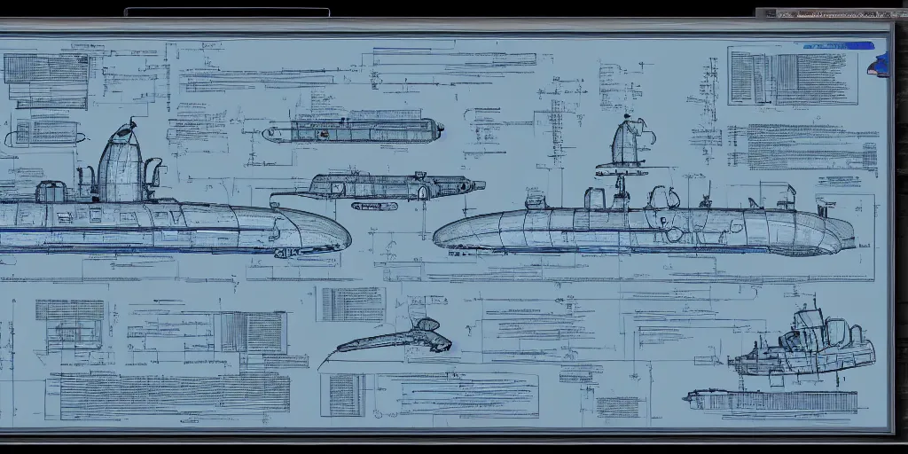 Prompt: blueprints for awesome submarine, detailed, intrinsic, trending on artstation