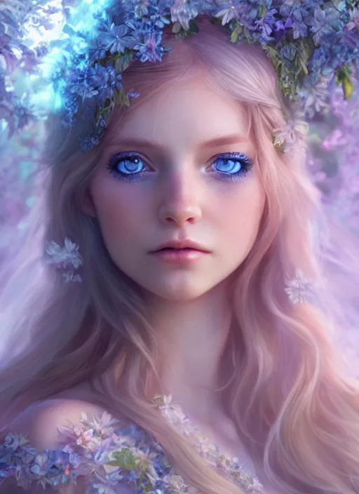 Prompt: portrait of a gorgeous fairy princess of the forest, perfect blue eyes, detailed iridescent floral pattern skin, 8k render, ultra realistic, cinematic lighting, artstation, artgerm