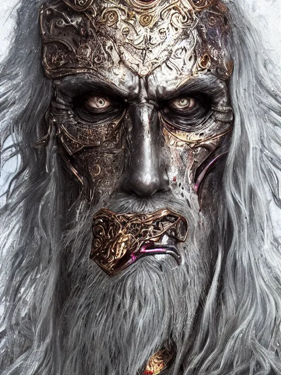 Prompt: portrait art of 8k ultra realistic Saruman, detailed intricate ornate armour,decaying, cybernetic, full of colour, cinematic lighting, battered, trending on artstation, 4k, hyperrealistic, focused, extreme details,unreal engine 5, cinematic, masterpiece, art by ayami kojima, giger