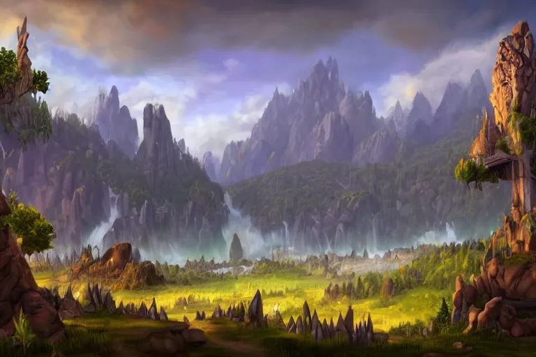 Image similar to world of warcraft environment with trees and a platform in the center, rocky mountains and a river, horses in the foreground, beautiful, concept