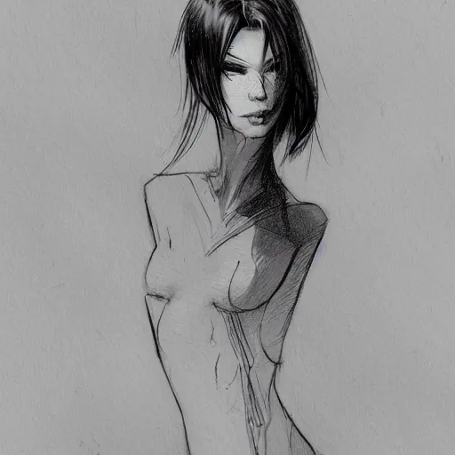 Image similar to concept art character, very high angle view, book cover, very attractive woman with full lips, slender figure, , walking in cyberpunk valley highly detailed full body, royalty, smooth, sharp focus, organic, appealing, book cover, deep shadows, by Dave McKean sketch lineart for character design, extremely fine inking lines