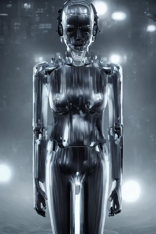 Image similar to humanoid creature with a chrome body made from gray jelly, cyberpunk, realistic, high definition, many details, symmetrical face, realistic eyes, unreal engine art 5