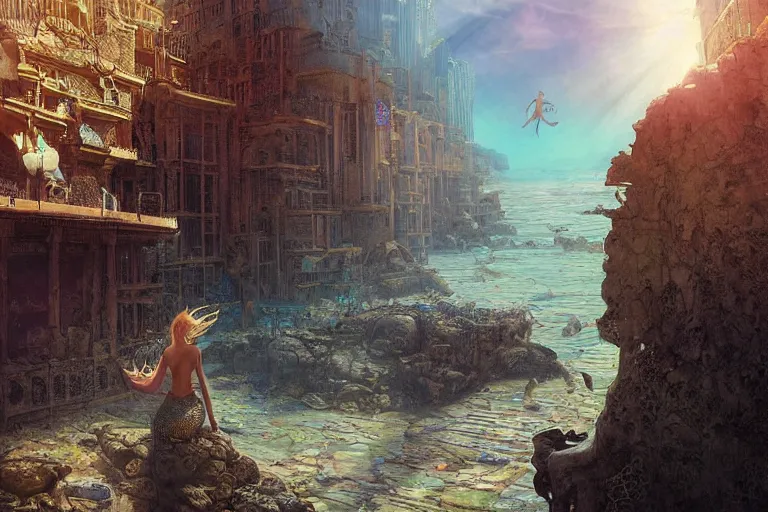 Prompt: a beautiful painting of the lost city of Atlantic city under water, ray of sunlight, mermaid in distance, Greg Rutkowski, Moebius