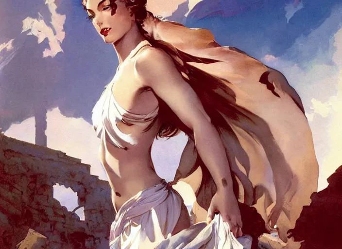 Image similar to beautiful painting of a beautiful woman with white linen with greece in the background by yoji shinkawa frank frazetta, charlie bowater, magali villeneuve, j. c. leyendecker,