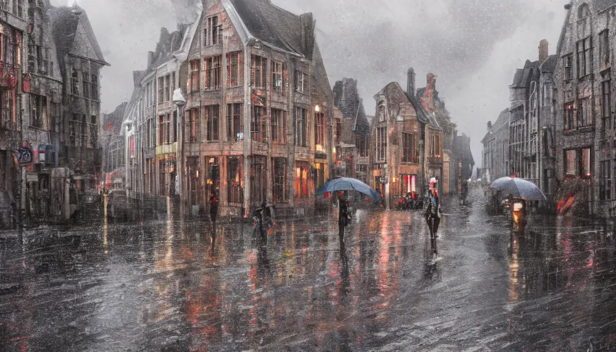 Image similar to vise, belgium under rain, people with umbrellas, wet roads, hyperdetailed, artstation, cgsociety, 8 k