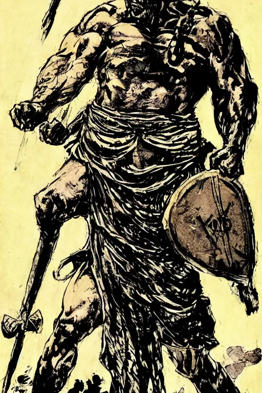 Image similar to ancient historically accurate depiction of the Bible Character Goliath of Gath, the Philistine warrior giant by frank miller