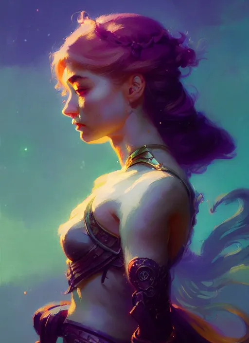 Image similar to side portrait, imogen poots, paladin, fantasy, gloomhaven, luminescent, organic painting, gaudy colors, by greg manchess, huang guangjian, gil elvgren, sachin teng, greg rutkowski, jesper ejsing, ilya kuvshinov