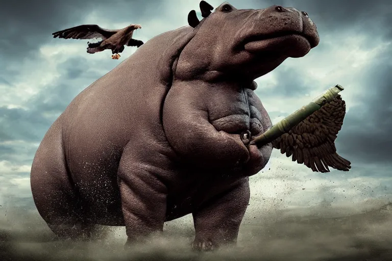 Image similar to hippo with eagle wings fighting zombies, cinematic, dramatic lighting