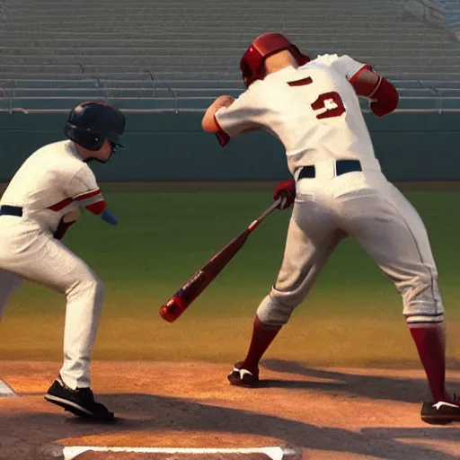 Image similar to baseball player hitting the ball with the baseball bat in the middle of the game and in front of everyone in the stadium, james gurney painting style, greg rutkowski, artstation, octane render, unreal engine 5