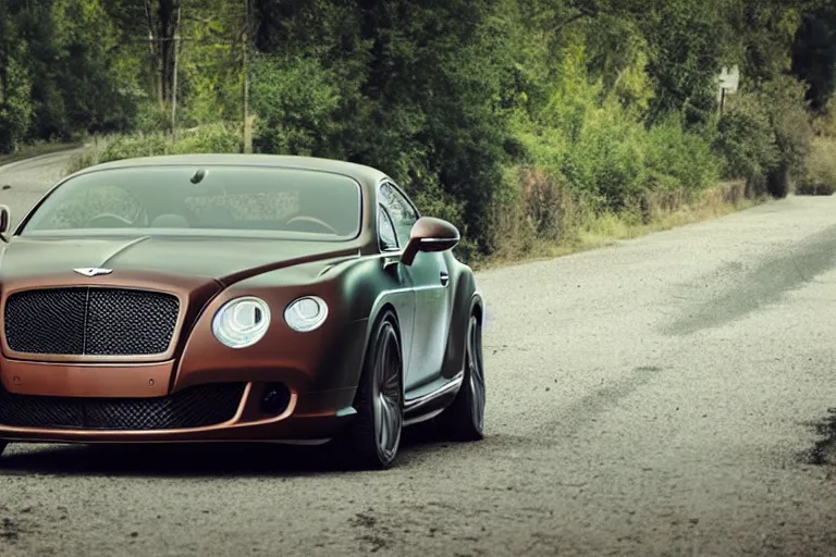 Image similar to modern rusty matte tired Bentley Continental GT without gloss no reflections drives along the road of an old Russian village with houses at the edges