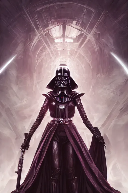 Image similar to anime key visual of a female darth vader goddess!!, intricate, stunning, highly detailed, digital painting, artstation, smooth, hard focus, starwars, sith, dark side, villain, the force, lucas films, illustration, art by artgerm and greg rutkowski and alphonse mucha