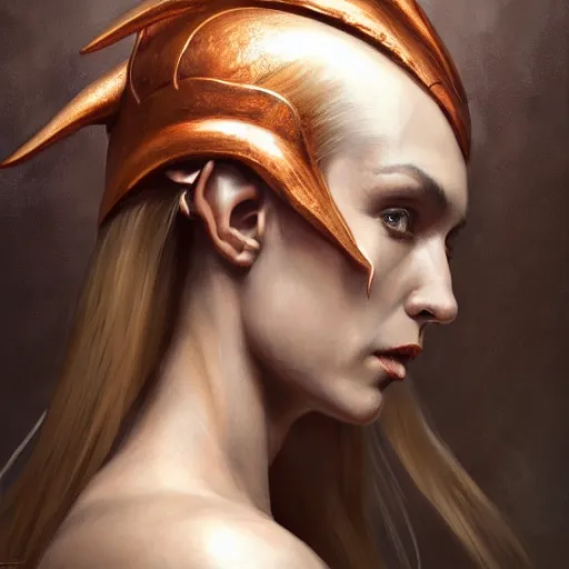 Prompt: A head-on, symmetrical, head and shoulders detailed oil portrait of an elf woman with small horns of copper wearing a simple white robe, by greg rutkowski, trending on artstation, dungeon and dragons art