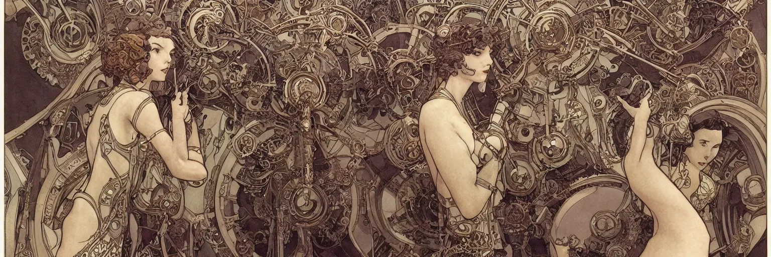 Image similar to art nouveau dieselpunk frames and designs only, no central figure, by travis charest, moebius and mucha, intricate, ornate, circuitry, gears, painted, extremely hyperdetailed, art deco, masterpiece, sharp focus, realistic technical details