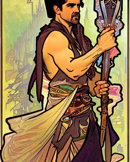 Prompt: fantasy concept art by alphonse mucha depicting colin farrell as an ancient egyptian rogue walking through a busy egyptian market