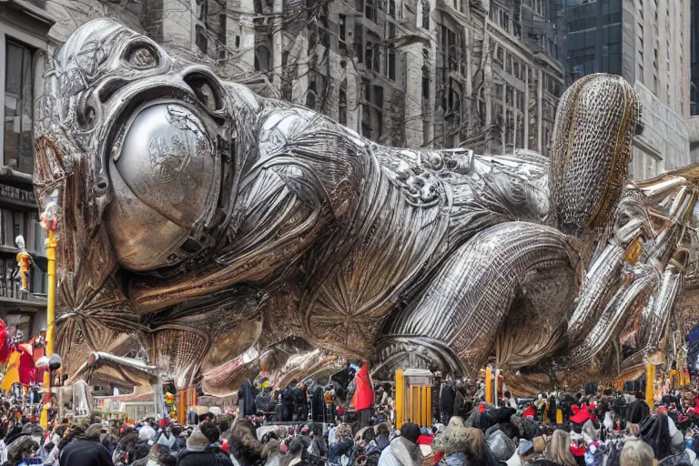 Image similar to photo of giant parade float designed by wed anderson and hr giger, in the macys parade, detailed 4 k photo