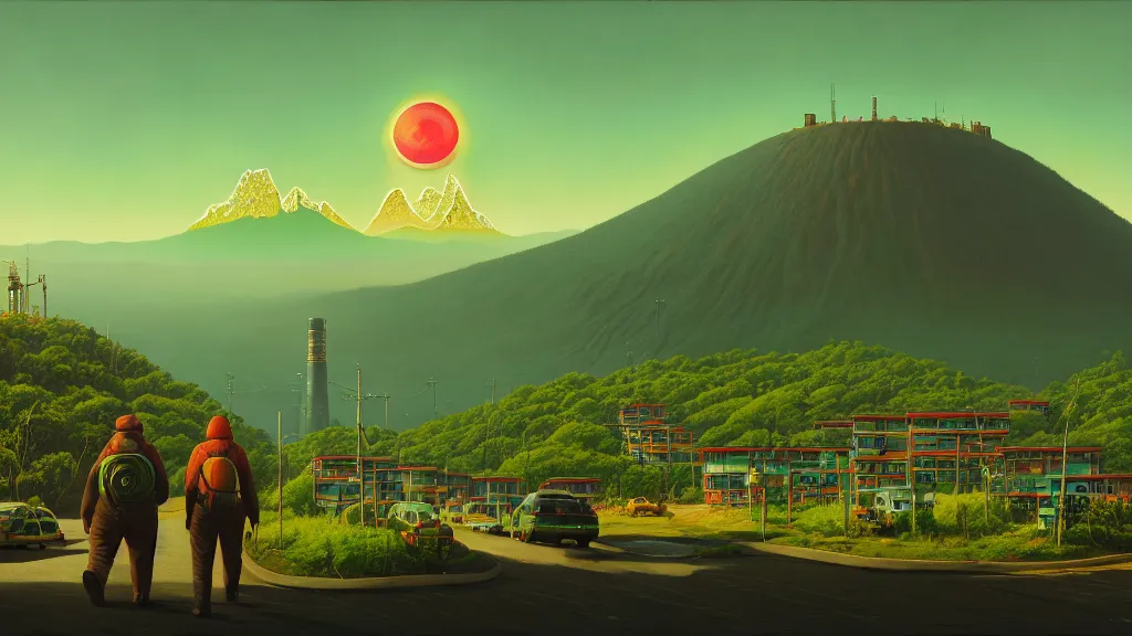 Prompt: Nuclear Nature Solarpunk harmony; the mountains and city are towered over by giant nuclear power plants covered with foliage; by Oswaldo Moncayo; by Simon Stålenhag, oil on canvas; Art Direction by James Cameron; Location: Quito Ecuador 4K, 8K; Ultra-Realistic Depth Shading