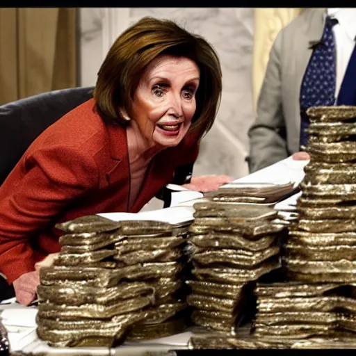 Image similar to Nancy Pelosi as Smaug guarding her pile of treasure