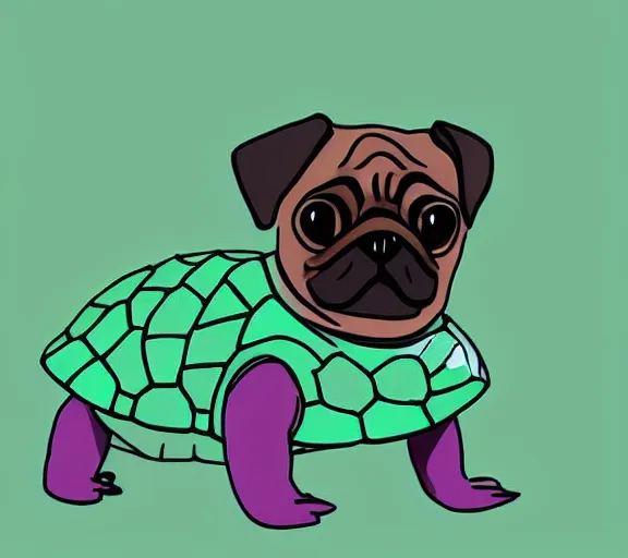 Image similar to a cute pug wearing a cute turtle outfit, digital art, colourful