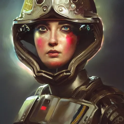 Prompt: retro futuristic female soldier with open helmet in armour, face portrait, highly detailed, fractals, ornate, cinematic, 8k, by Stanley Artgermm, Tom Bagshaw, Greg Rutkowski, Vincent di Fate, Carne Griffiths, Ayami Kojima, trending on DeviantArt, hyper detailed, full of color, digital art,