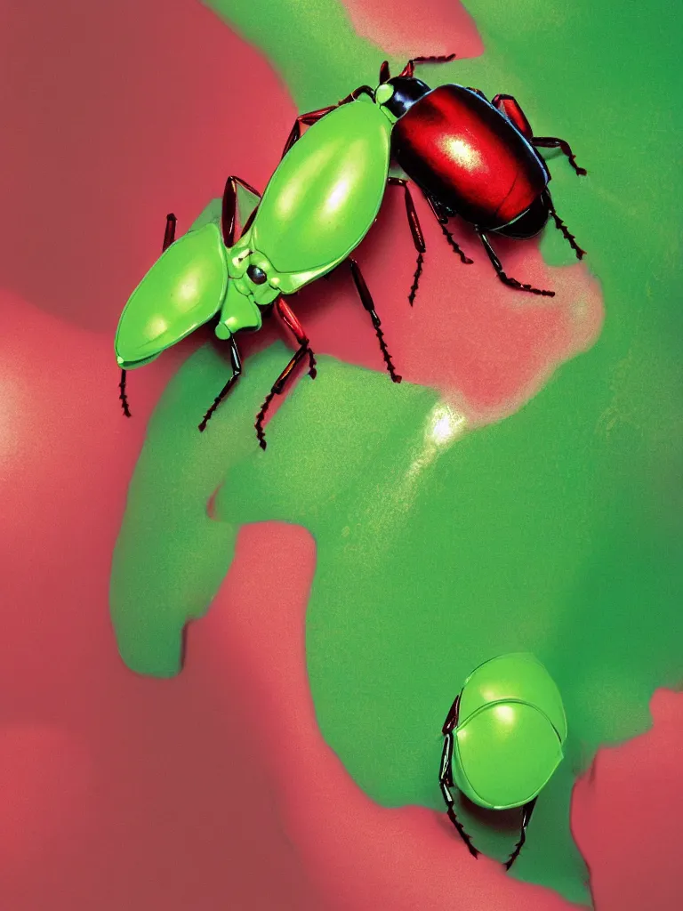 Image similar to subsurface scattering. close - up shot of a beautiful red white and green beetle. insect eyes. complementary color scheme. studio photography by slim aarons, by zhang kechun, by lynda benglis, high quality highly detailed award winning photograph by national geographic. soft volumetric light, smooth gradient.