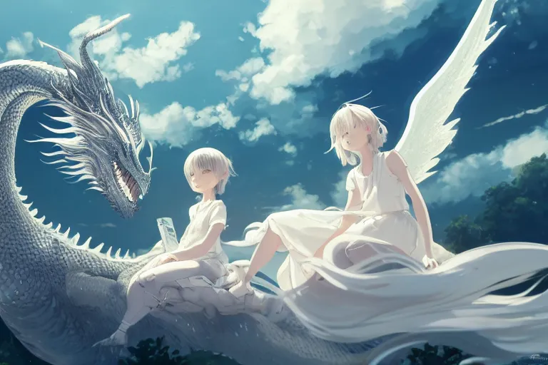 Prompt: a hyper detailed big render that a beautiful girl sitting surrounded by a huge silver white dragon alone in fairyland surrounded by white clouds, finely detailed angelic face, style of studio ghibli, makoto shinkai, xision, ilya kuvshinov and artgerm, kazuki tanahashi, james jean, animation style, golden curve composition, ultra wide angle