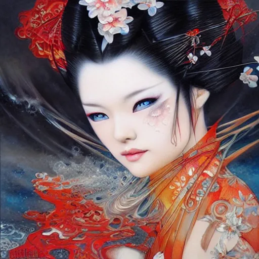 Image similar to a beautiful geisha manipulating water by karol bak, ayami kojima, artgerm, river, water, blue eyes, smile, concept art, fantasy
