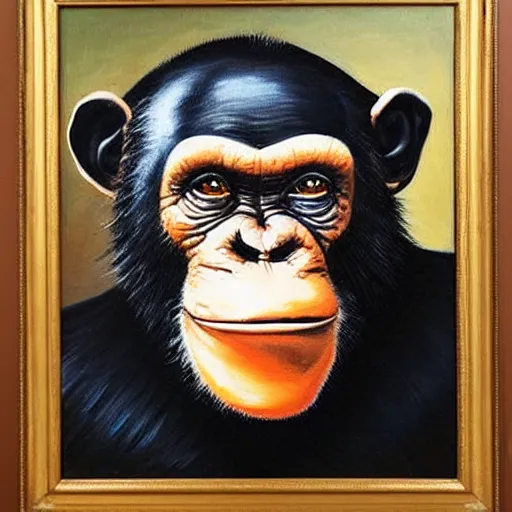 Image similar to An exquisite oil painting of a chimpanzee dressed like Prince Philip with a traffic cone on his head